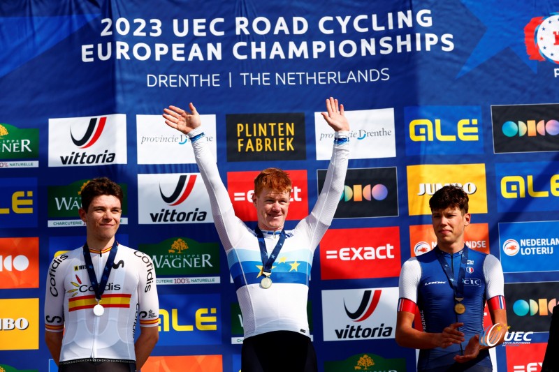2023 UEC Road European Championships - Drenthe - Under 23 Men's Road Race - Coevorden - Col Du VAM 108 km - 22/09/2023 - Henrik Pedersen (Denmark) - Ivan Romeo (Spain) - Paul Magnier (France) - photo Luca Bettini/SprintCyclingAgency?2023